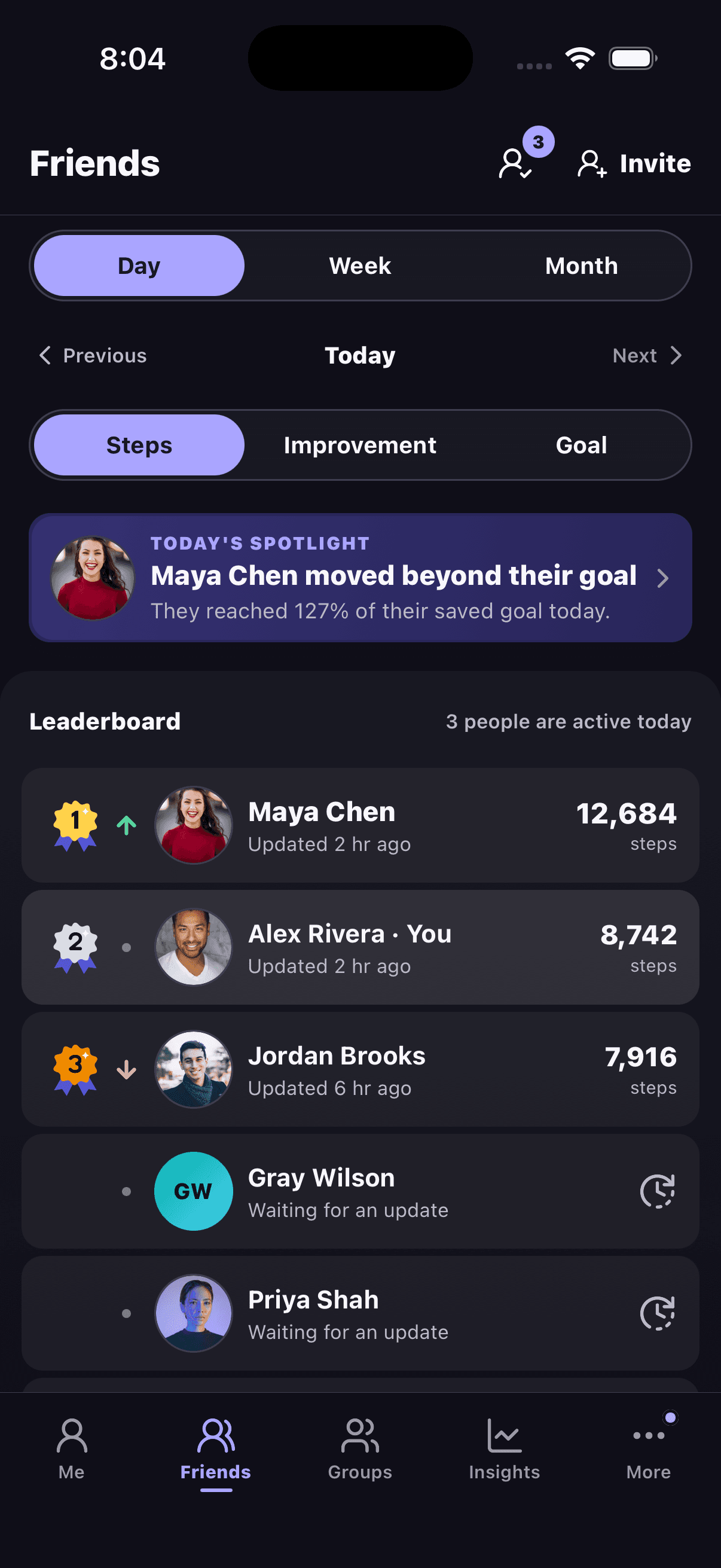 Friends Steps leaderboard and Spotlight in StepChase dark mode.