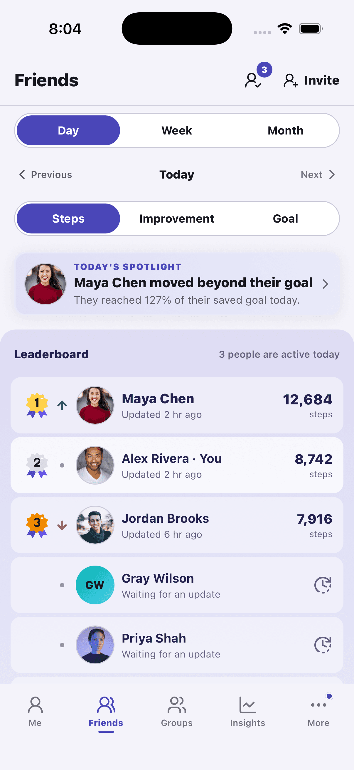 StepChase Friends leaderboard with current steps and Spotlight.