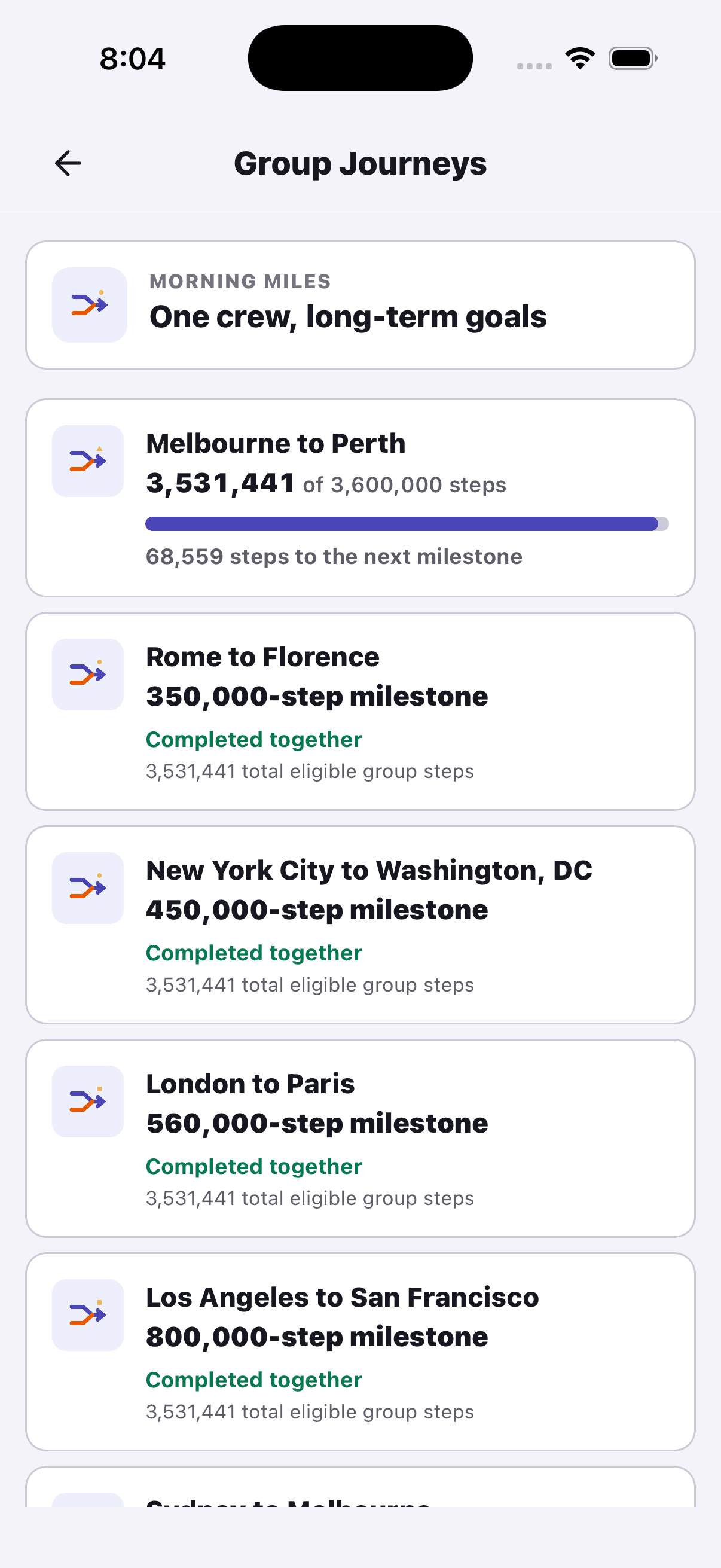 StepChase shared Group Journey progress, reactions, and contributors.