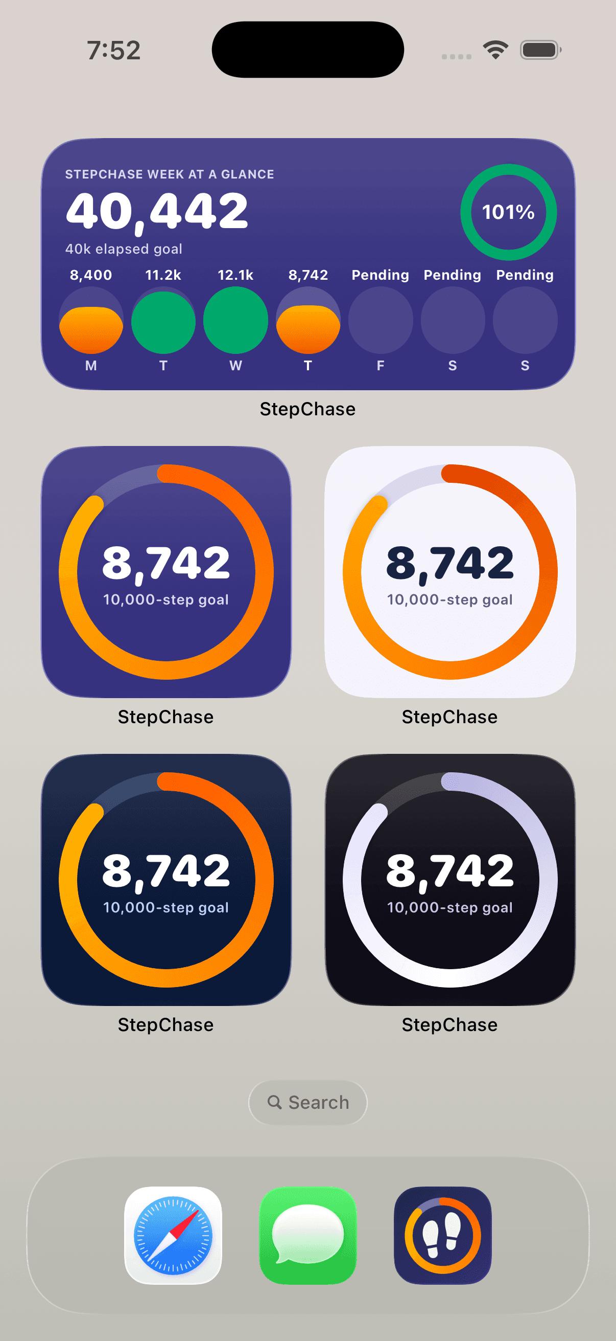 StepChase Today and Week home-screen widgets in the approved theme styles.