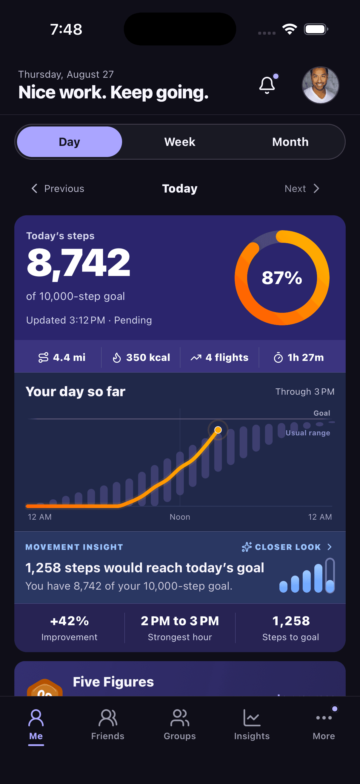 StepChase Me Day screen with goal progress, movement context, and a deeper insight.