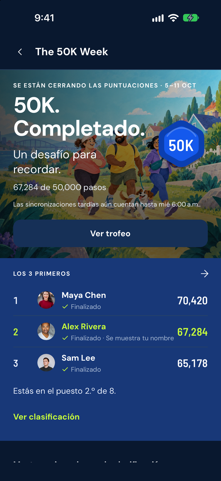 Reto de StepChase completado, con ilustración, progreso personal y fechas.