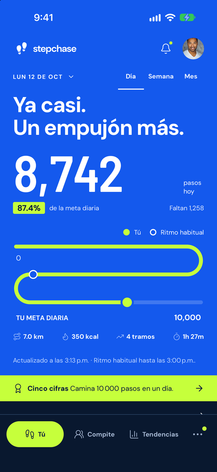 Tú · Día en StepChase, con pasos actuales y progreso hacia la meta.