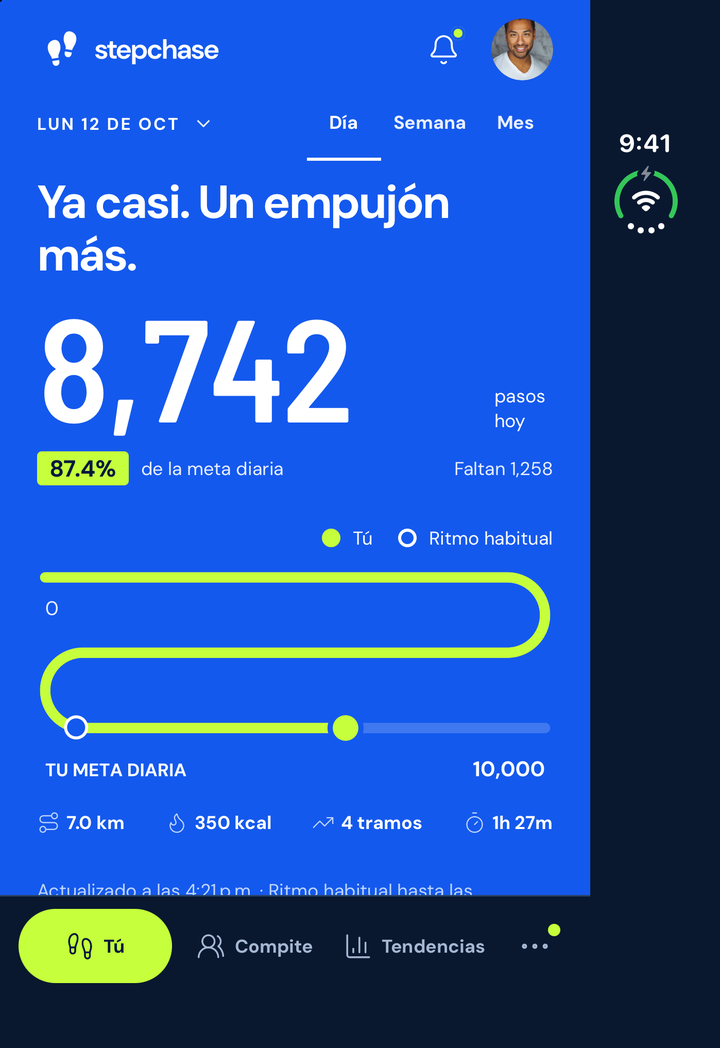 Tú · Día en StepChase en vista plegada, con la misma cuenta y periodo que la vista desplegada.