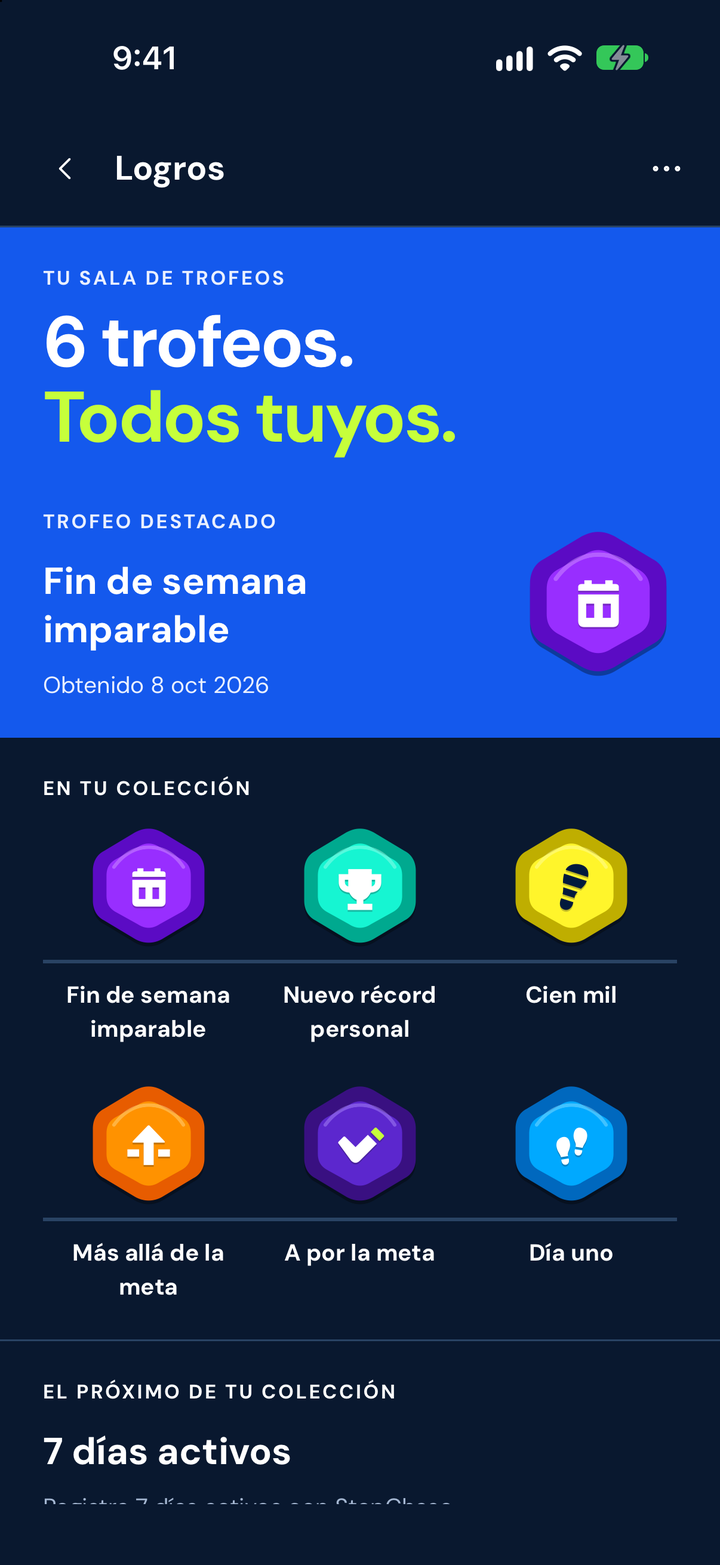 Sala de trofeos personal en StepChase, con logros obtenidos.