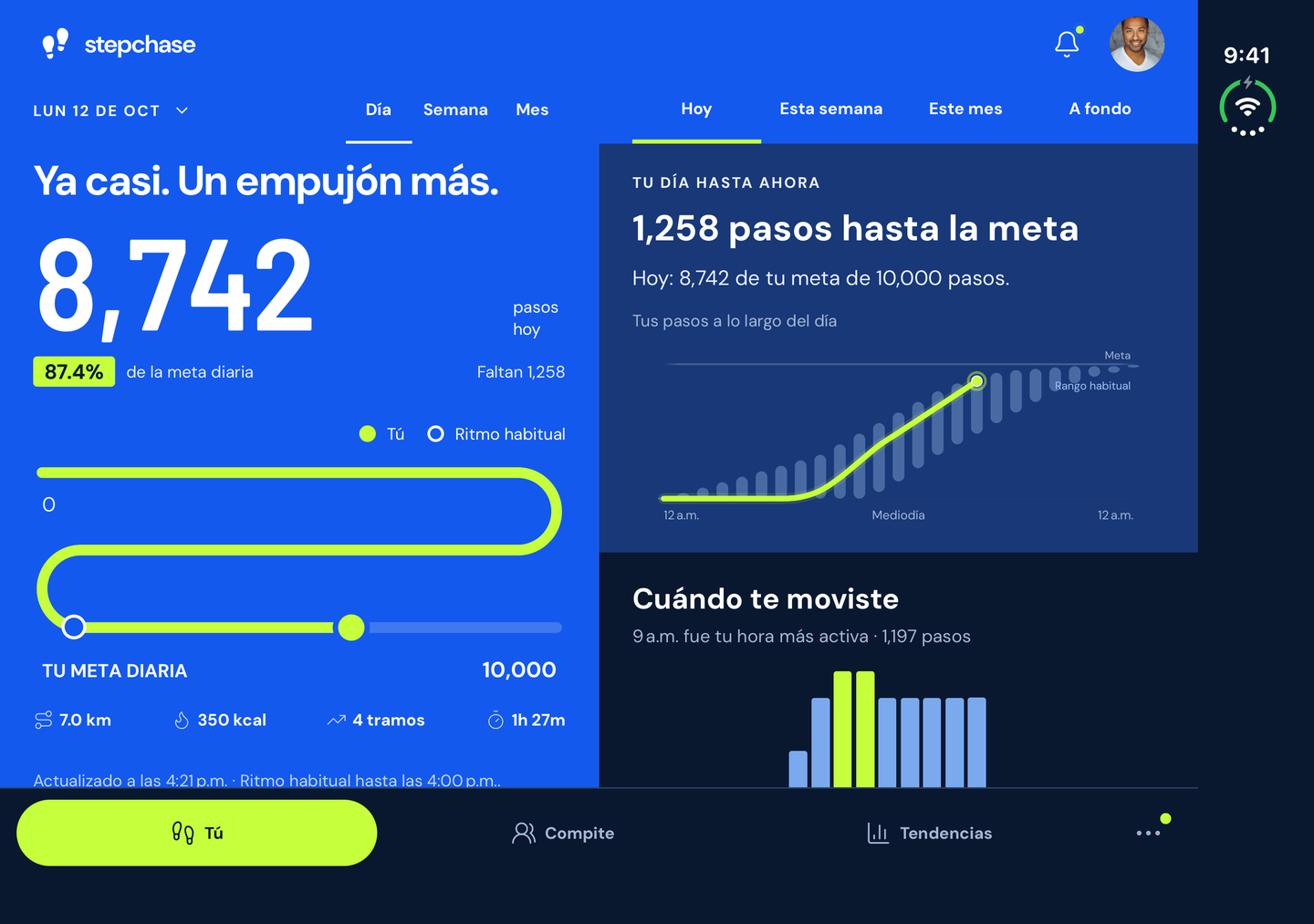 Tú · Día junto a Datos en StepChase desplegado, con la misma cuenta y periodo que la vista plegada.