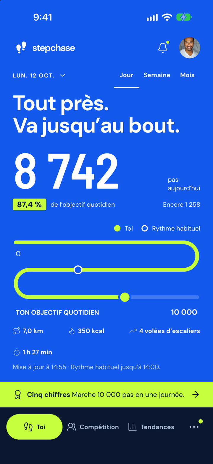 Vous · Jour dans StepChase, avec les pas du jour et les progrès vers l’objectif.