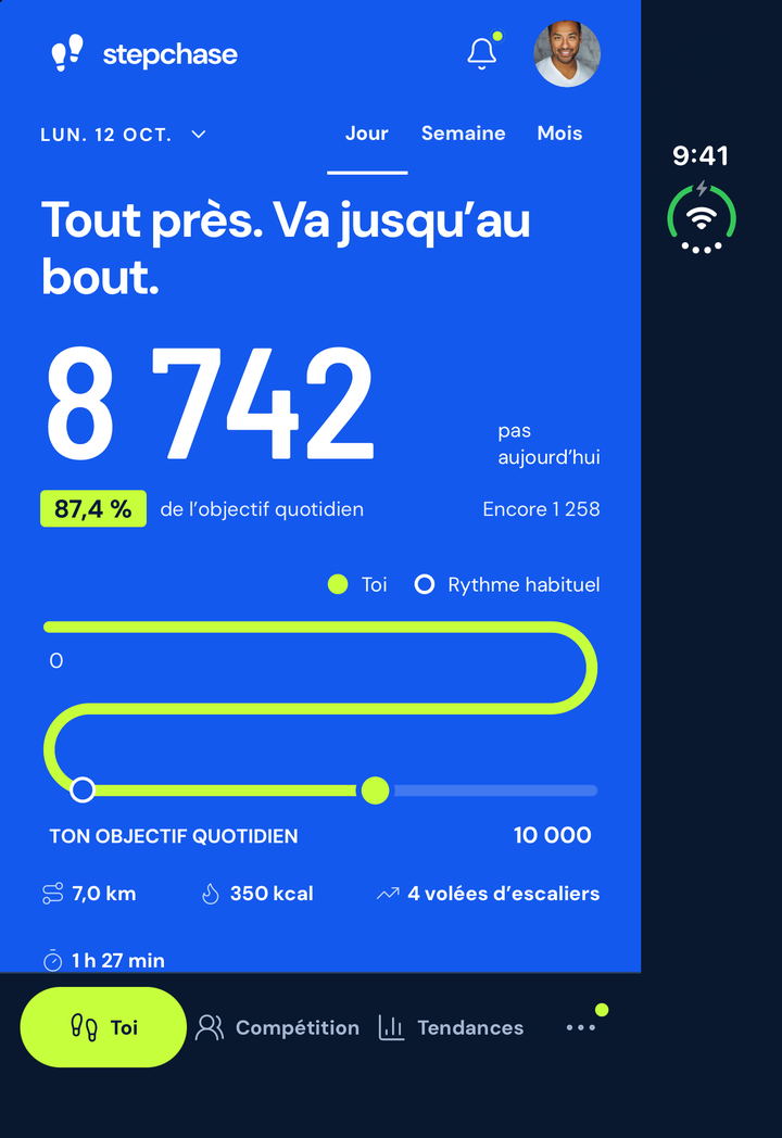 Vous · Jour dans StepChase en vue pliée, avec le même compte et la même période que la vue dépliée.